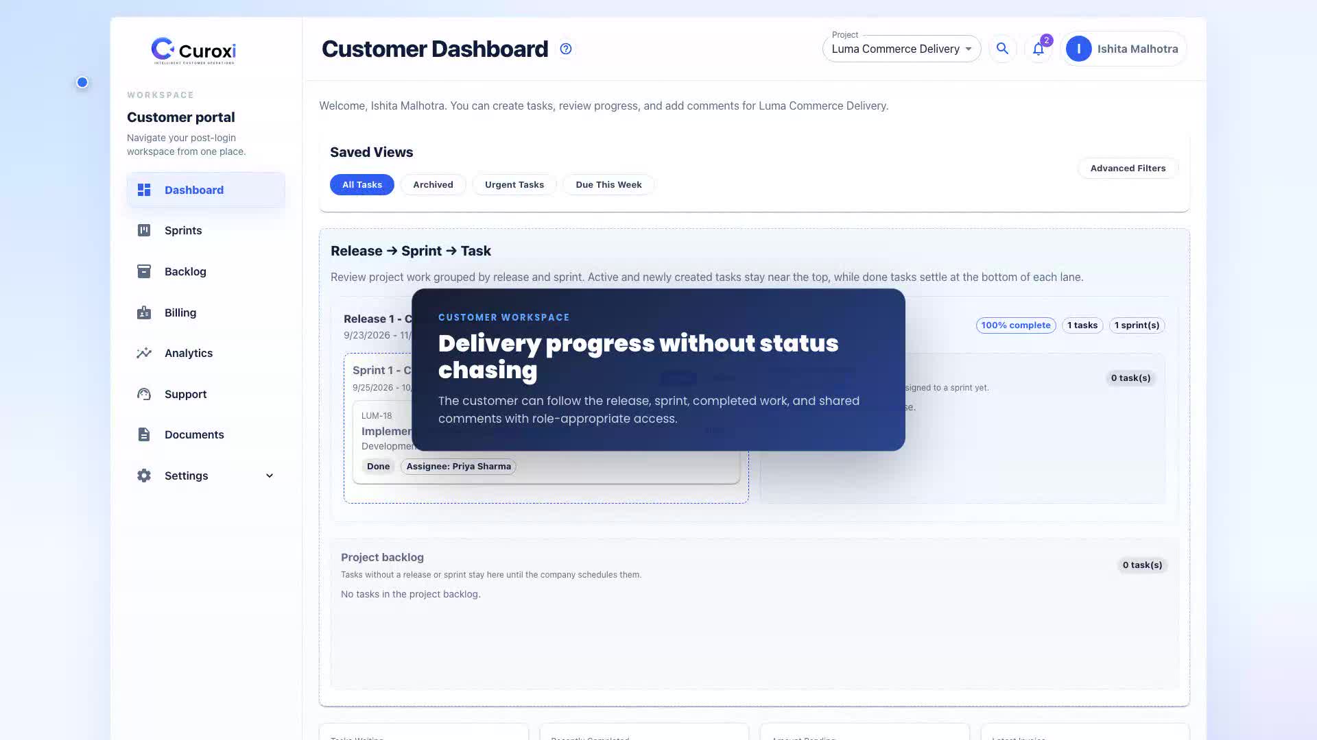 Curoxi customer dashboard showing project selection, saved task views, and work grouped by release and sprint